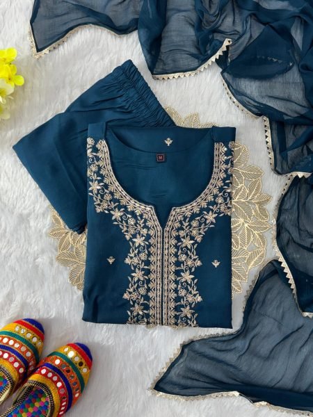 Graceful Traditional Roman Silk Embroidered Kurti Pant Set with Nazneen Gota Patti Dupatta For Women s  Embroidery Kurtis 