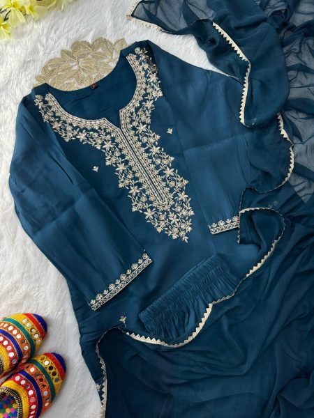 Graceful Traditional Roman Silk Embroidered Kurti Pant Set with Nazneen Gota Patti Dupatta For Women s  Embroidery Kurtis 