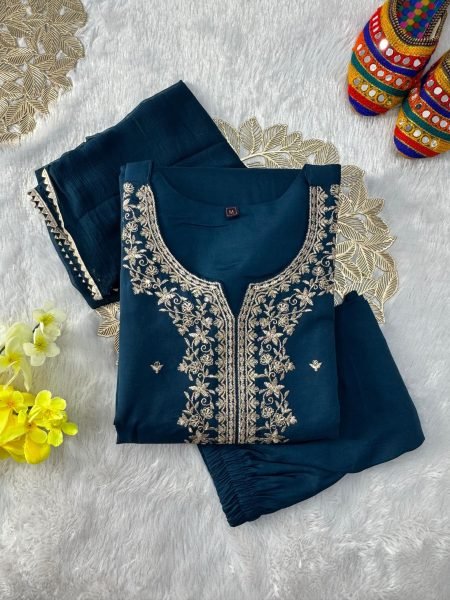 Graceful Traditional Roman Silk Embroidered Kurti Pant Set with Nazneen Gota Patti Dupatta For Women s  Embroidery Kurtis 