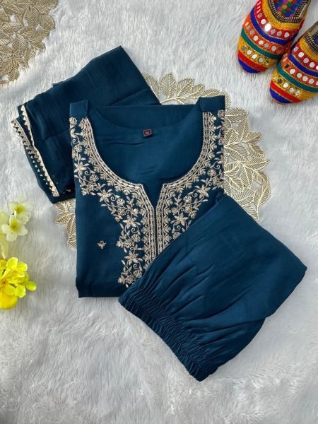 Graceful Traditional Roman Silk Embroidered Kurti Pant Set with Nazneen Gota Patti Dupatta For Women s  Embroidery Kurtis 