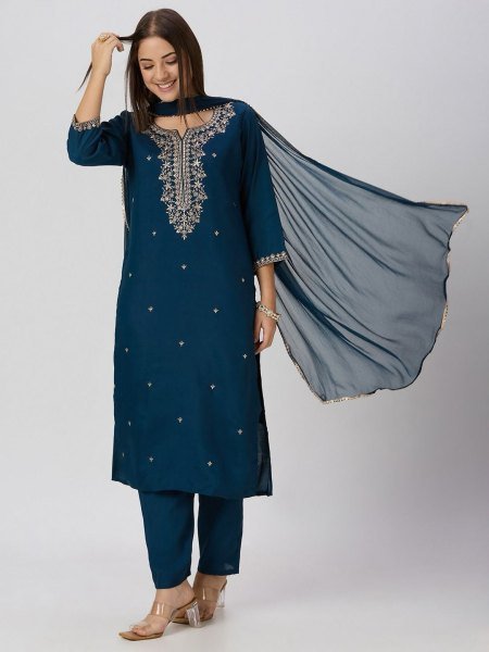 Graceful Traditional Roman Silk Embroidered Kurti Pant Set with Nazneen Gota Patti Dupatta For Women s  Embroidery Kurtis 