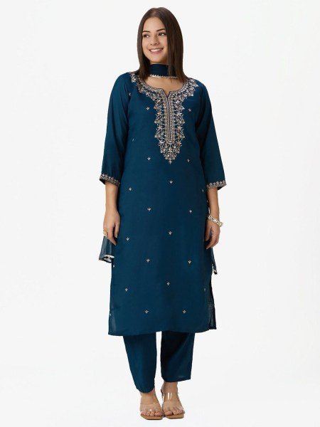 Graceful Traditional Roman Silk Embroidered Kurti Pant Set with Nazneen Gota Patti Dupatta For Women s  Embroidery Kurtis 