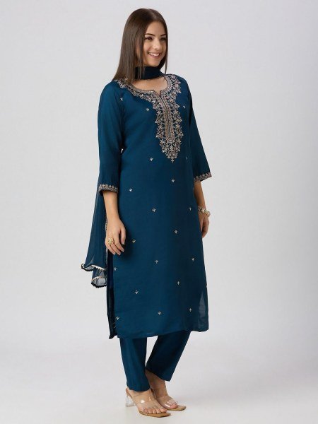 Graceful Traditional Roman Silk Embroidered Kurti Pant Set with Nazneen Gota Patti Dupatta For Women s  Embroidery Kurtis 