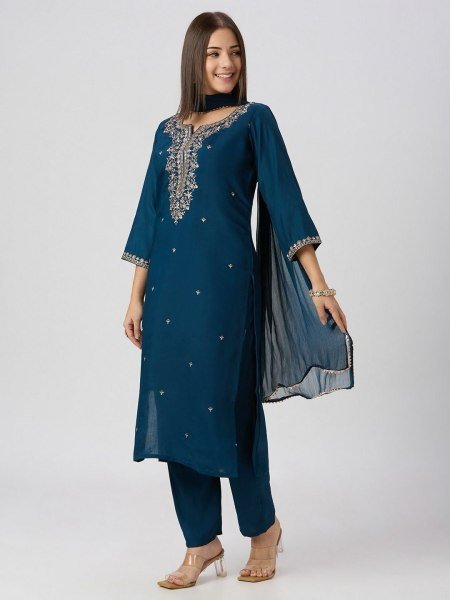 Graceful Traditional Roman Silk Embroidered Kurti Pant Set with Nazneen Gota Patti Dupatta For Women s  Embroidery Kurtis 