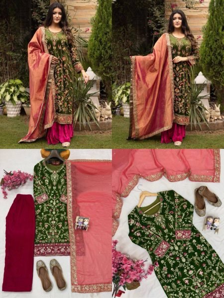 Graceful Velvet 5mm Sequins   Zari Embroidered Kurti Plazzo with Fendi Silk Dupatta for function wear   Straight Cut Long Kurtis
