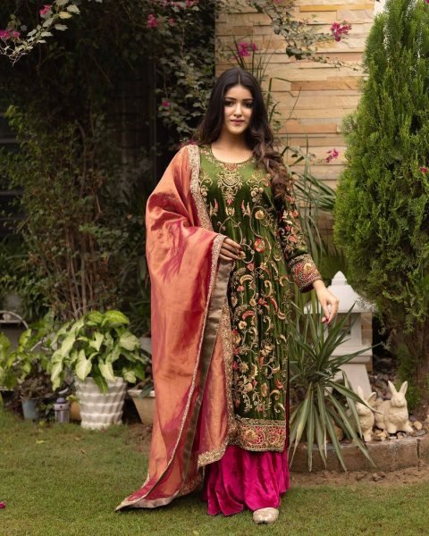Graceful Velvet 5mm Sequins   Zari Embroidered Kurti Plazzo with Fendi Silk Dupatta for function wear   Straight Cut Long Kurtis