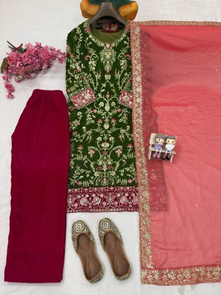 Graceful Velvet 5mm Sequins   Zari Embroidered Kurti Plazzo with Fendi Silk Dupatta for function wear   Straight Cut Long Kurtis