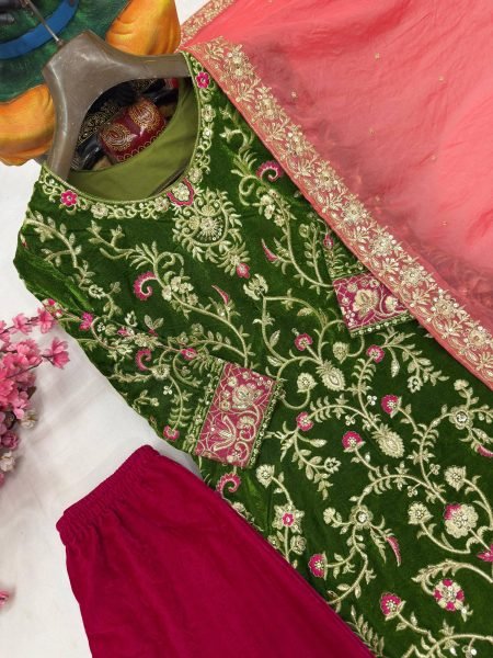 Graceful Velvet 5mm Sequins   Zari Embroidered Kurti Plazzo with Fendi Silk Dupatta for function wear   Straight Cut Long Kurtis