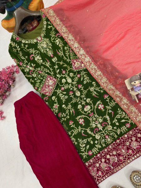 Graceful Velvet 5mm Sequins   Zari Embroidered Kurti Plazzo with Fendi Silk Dupatta for function wear   Straight Cut Long Kurtis