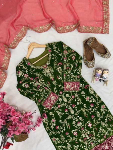 Graceful Velvet 5mm Sequins   Zari Embroidered Kurti Plazzo with Fendi Silk Dupatta for function wear   Straight Cut Long Kurtis