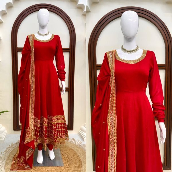 Graceful Vichitra Silk Gown Suit Set for Festive Celebrations Ready To Wear Collection