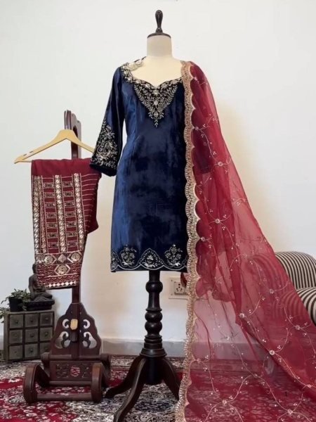 Graceful Viscose Velvet Salwar Suit with Butterfly Net Dupatta   Readymade pakistani suits wholesale Ready To Wear Collection