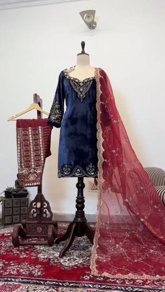 Graceful Viscose Velvet Salwar Suit with Butterfly Net Dupatta   Readymade pakistani suits wholesale Ready To Wear Collection