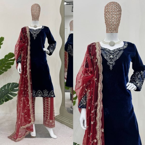 Graceful Viscose Velvet Salwar Suit with Butterfly Net Dupatta   Readymade pakistani suits wholesale Ready To Wear Collection