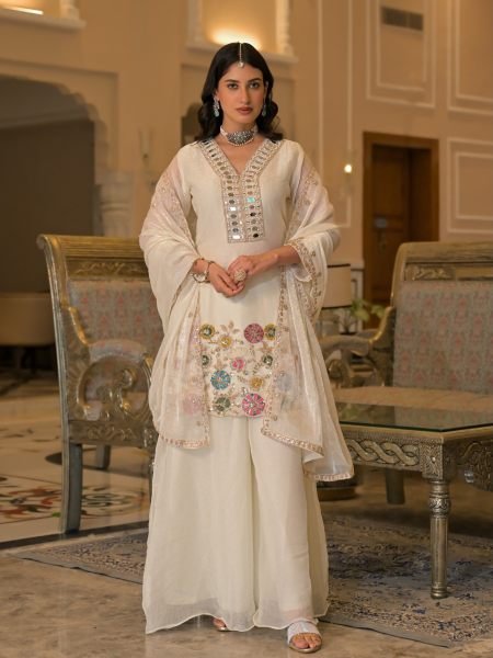 Graceful White Crush Satin Palazzo Suit with Embroidered Dupatta and Designer Top at Manufacturer Rate 