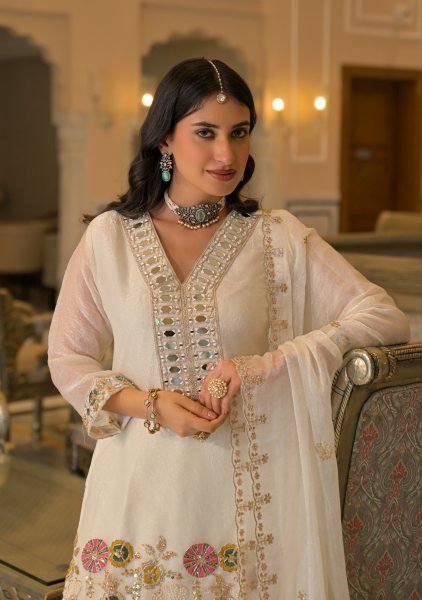 Graceful White Crush Satin Palazzo Suit with Embroidered Dupatta and Designer Top at Manufacturer Rate Designer Plazzo Salwar Suits Wholesale