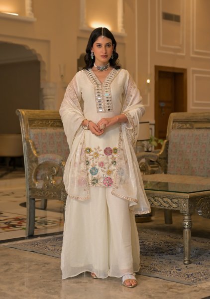 Graceful White Crush Satin Palazzo Suit with Embroidered Dupatta and Designer Top at Manufacturer Rate Designer Plazzo Salwar Suits Wholesale