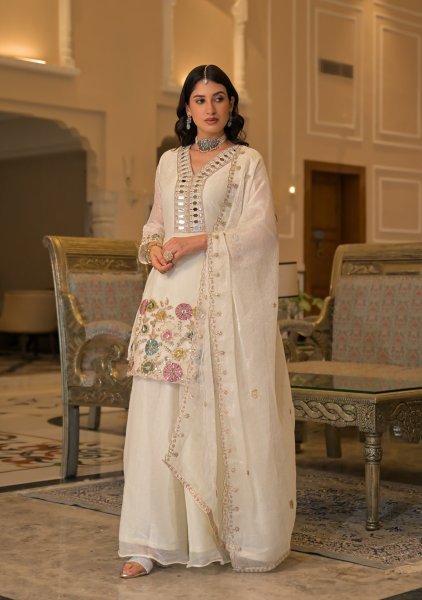 Graceful White Crush Satin Palazzo Suit with Embroidered Dupatta and Designer Top at Manufacturer Rate Designer Plazzo Salwar Suits Wholesale