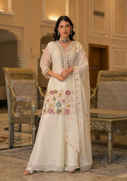 Graceful White Crush Satin Palazzo Suit with Embroidered Dupatta and Designer Top at Manufacturer Rate Designer Plazzo Salwar Suits Wholesale
