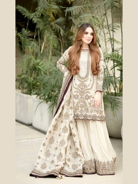 White Plazzo Suit with Sequence Embroidery Work for Exporters and Wholesalers