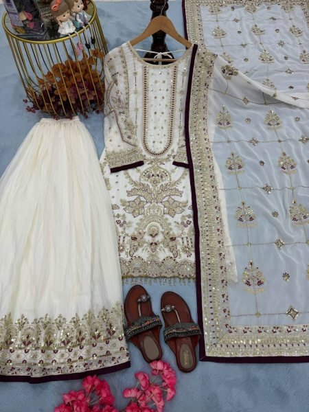 White Plazzo Suit with Sequence Embroidery Work for Exporters and Wholesalers Ready To Wear Collection