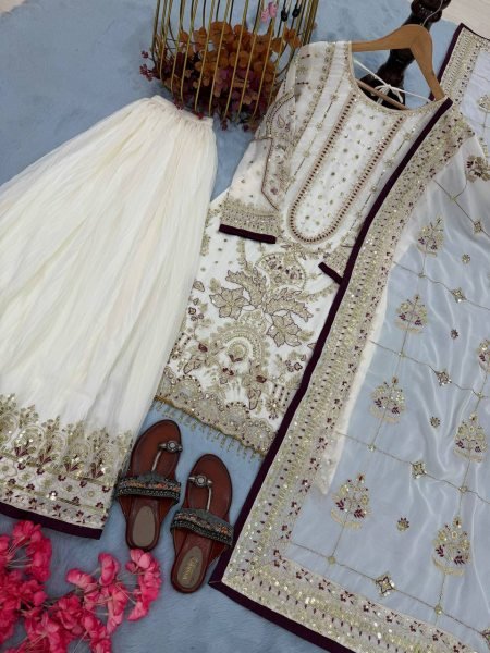 White Plazzo Suit with Sequence Embroidery Work for Exporters and Wholesalers Ready To Wear Collection