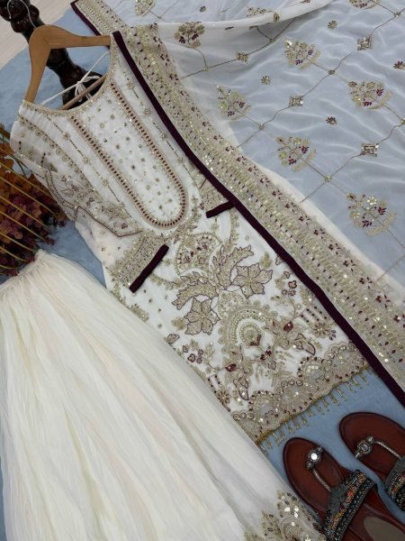White Plazzo Suit with Sequence Embroidery Work for Exporters and Wholesalers Ready To Wear Collection