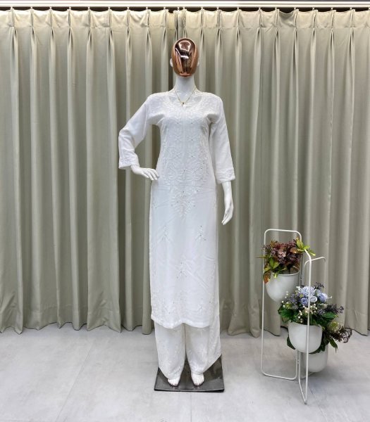 White Rayon Palazzo Set with Sequin Embroidery Work Festive Special Embroidery Kurtis 