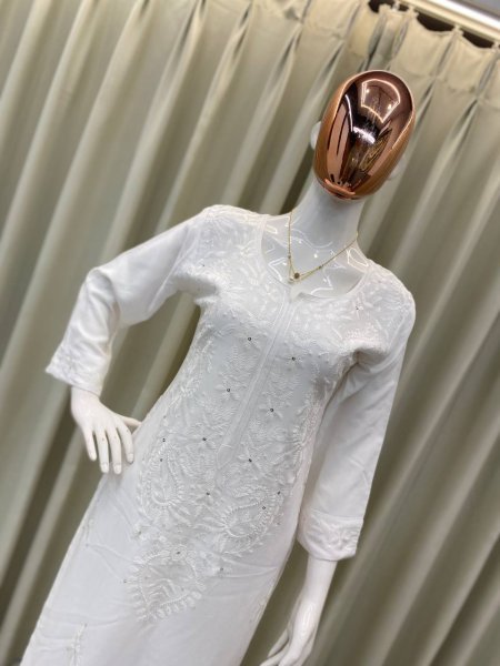 White Rayon Palazzo Set with Sequin Embroidery Work Festive Special Embroidery Kurtis 