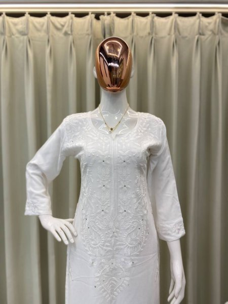 White Rayon Palazzo Set with Sequin Embroidery Work Festive Special Embroidery Kurtis 