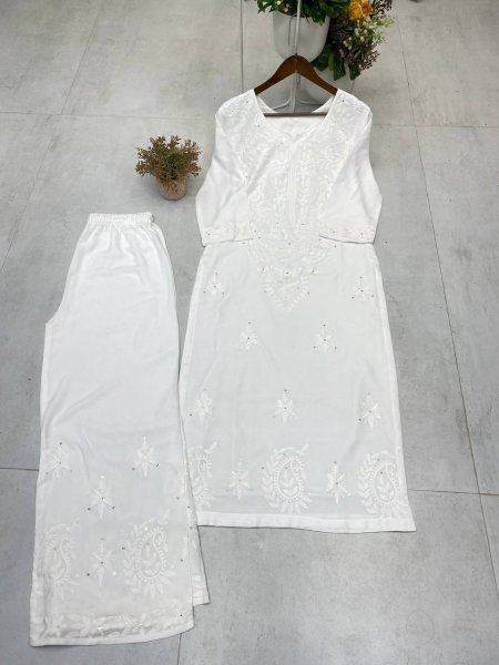 White Rayon Palazzo Set with Sequin Embroidery Work Festive Special Embroidery Kurtis 
