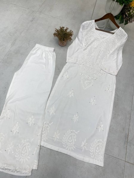 White Rayon Palazzo Set with Sequin Embroidery Work Festive Special Embroidery Kurtis 