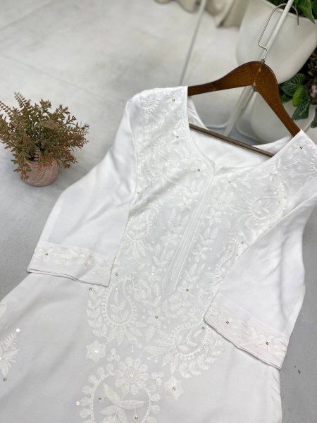 White Rayon Palazzo Set with Sequin Embroidery Work Festive Special Embroidery Kurtis 