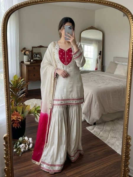 Graceful White Roman Glass Suits With Mirror Work At Luxury Quality Affordable Price 