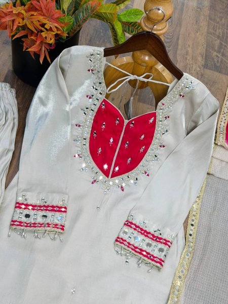 Graceful White Roman Glass Suits With Mirror Work At Luxury Quality Affordable Price Ready To Wear Collection