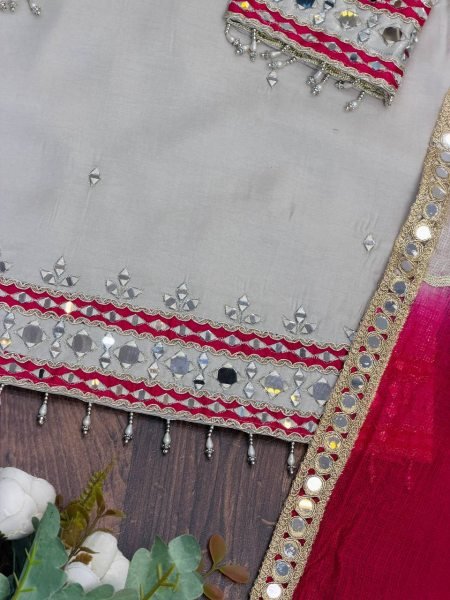 Graceful White Roman Glass Suits With Mirror Work At Luxury Quality Affordable Price Ready To Wear Collection
