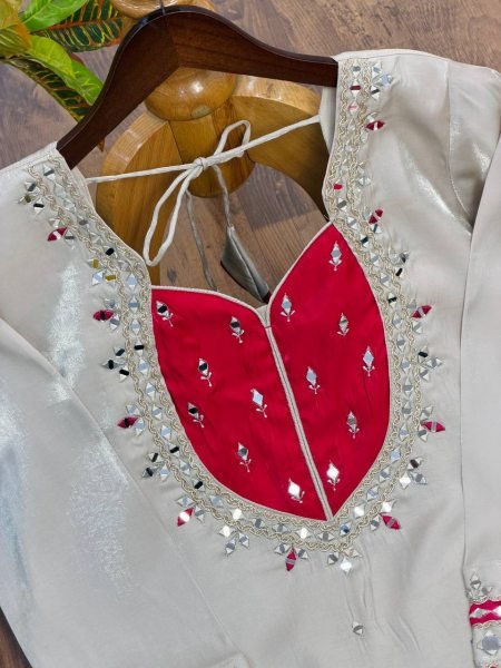 Graceful White Roman Glass Suits With Mirror Work At Luxury Quality Affordable Price Ready To Wear Collection