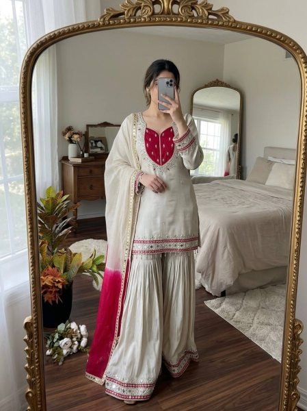 Graceful White Roman Glass Suits With Mirror Work At Luxury Quality Affordable Price Ready To Wear Collection