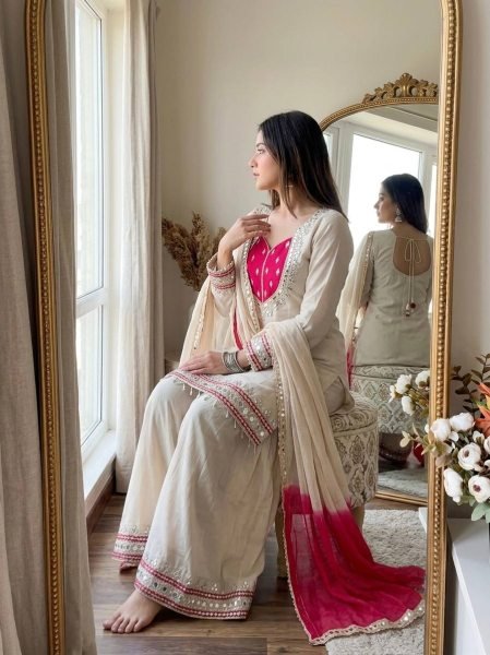 Graceful White Roman Glass Suits With Mirror Work At Luxury Quality Affordable Price Ready To Wear Collection