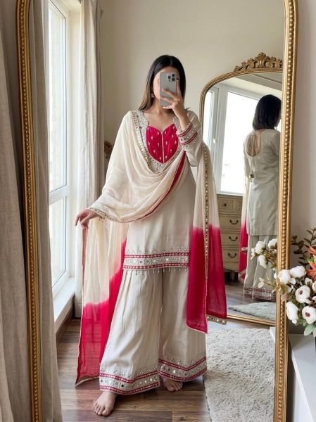 Graceful White Roman Glass Suits With Mirror Work At Luxury Quality Affordable Price Ready To Wear Collection
