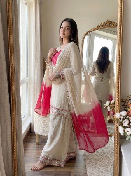 Graceful White Roman Glass Suits With Mirror Work At Luxury Quality Affordable Price Ready To Wear Collection