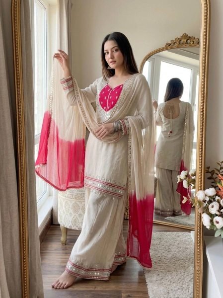 Graceful White Roman Glass Suits With Mirror Work At Luxury Quality Affordable Price Ready To Wear Collection