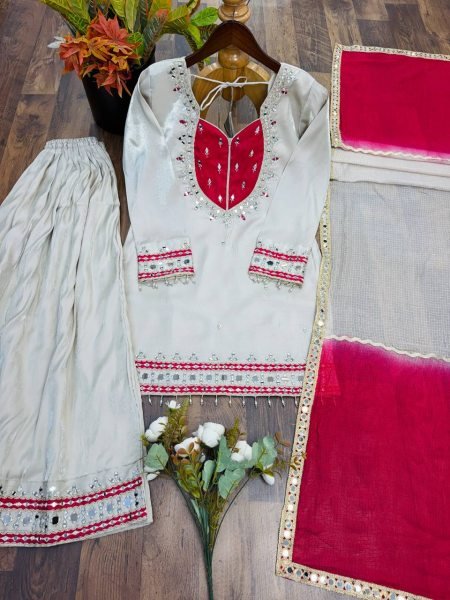 Graceful White Roman Glass Suits With Mirror Work At Luxury Quality Affordable Price Ready To Wear Collection