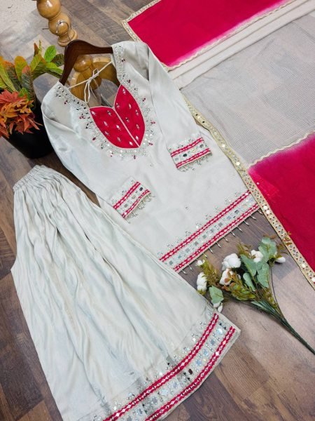 Graceful White Roman Glass Suits With Mirror Work At Luxury Quality Affordable Price Ready To Wear Collection