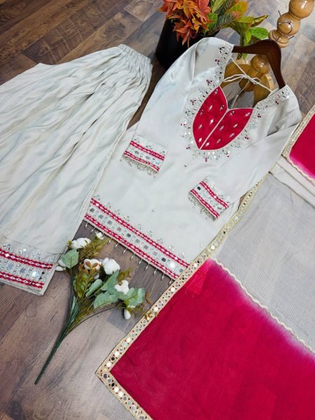 Graceful White Roman Glass Suits With Mirror Work At Luxury Quality Affordable Price Ready To Wear Collection