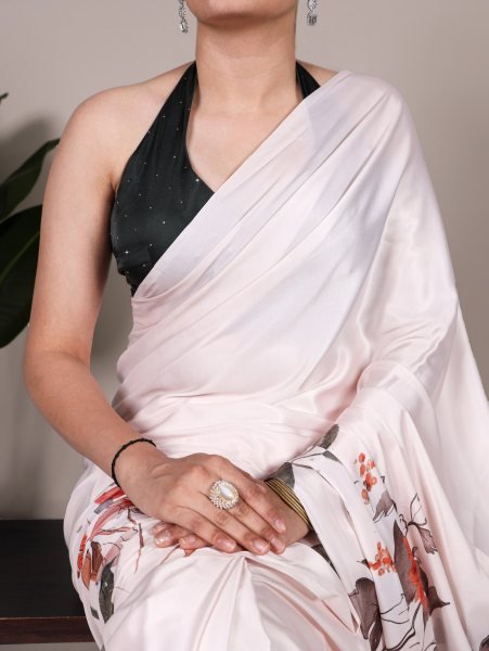 Graceful White Satin Silk Printed Saree Lightweight Summer Edition for Retailers, Online Boutiques Silk Sarees Wholesale