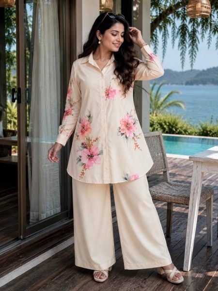 Graceful White Women's Butter Silk Shirt and Palazzo Co Ord Set at Wholeslae Rate Kurtis