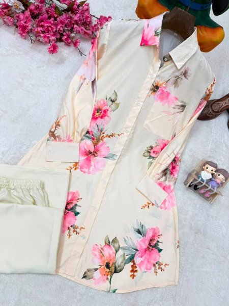 Graceful White Women's Butter Silk Shirt and Palazzo Co Ord Set at Wholeslae Rate CO ORD Sets