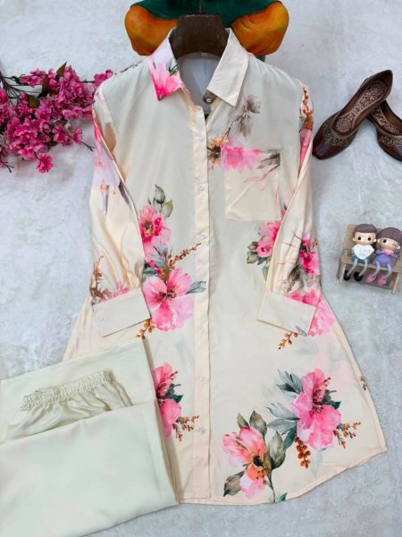 Graceful White Women's Butter Silk Shirt and Palazzo Co Ord Set at Wholeslae Rate CO ORD Sets