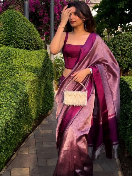 Graceful Wine Banarasi Soft Silk Saree with Rich Woven Design and Matching Blouse Piece Sarees 